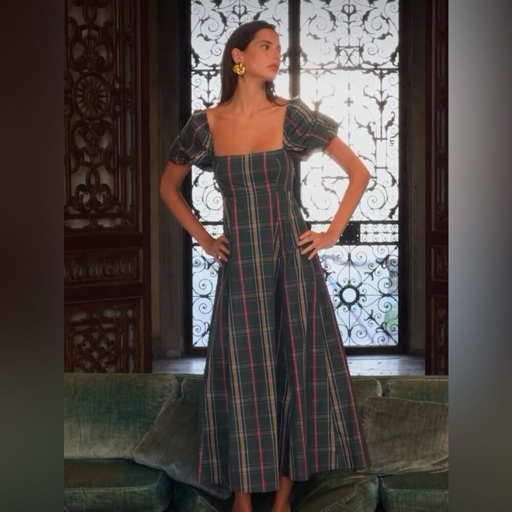 Hill House Matilda Dress Green Tartan Plaid Puff Sleeve Midi Size M - Picture 3 of 11